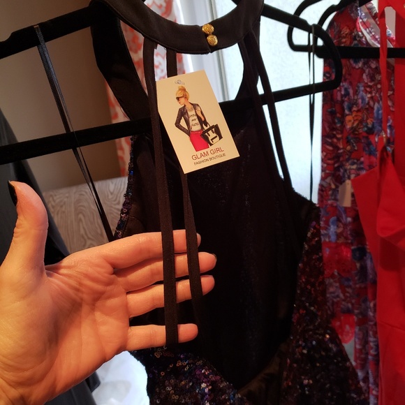 NWT Sassy Purple Sequined Cocktail Halter Bouffant Mini Dress, M - Picture 4 of 4